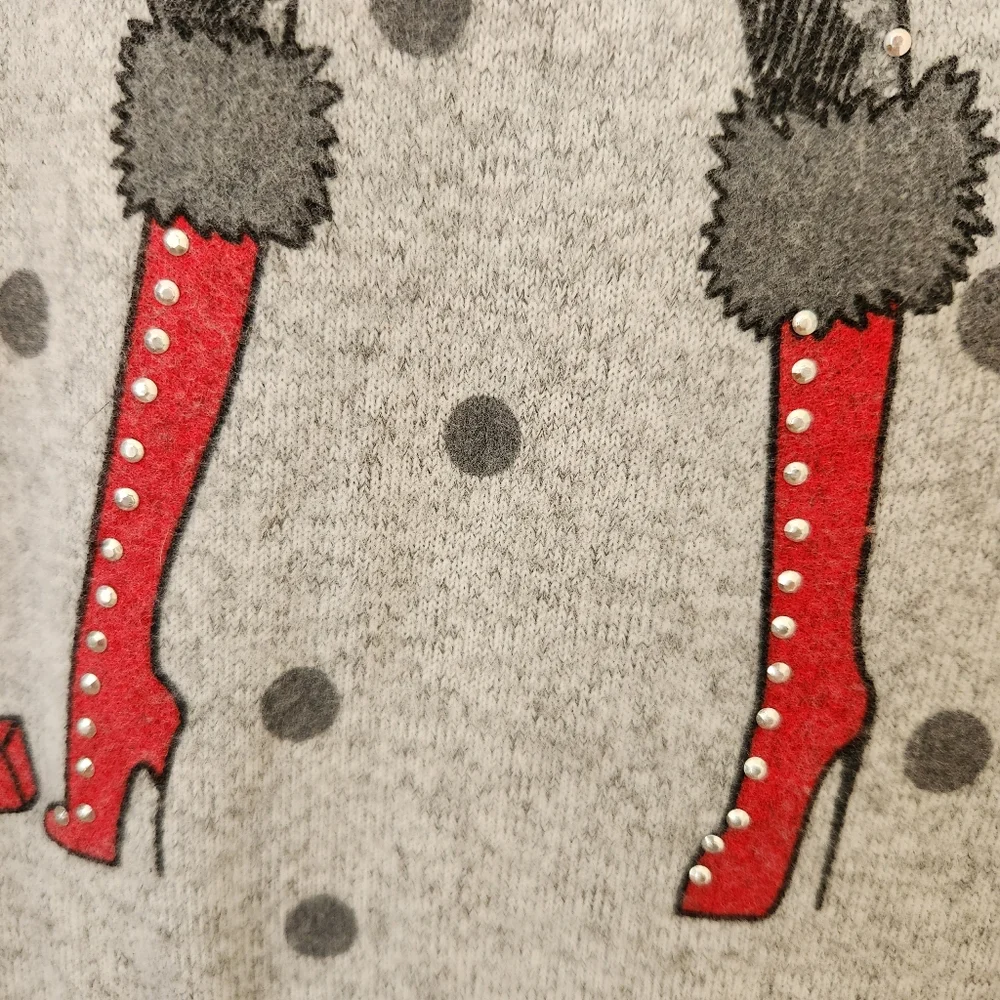 Holiday Sweater Girl & Dog Polka Dots Gray Studs Studded Whimsical Glam - Picture 7 of 16